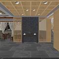 Chinese Style Restaurant Interior With Wooden Structure Chandeliers And Dining Tables