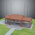 Small Brick Building With Brown Roof Tall Poles Large Windows And Green Grass Area