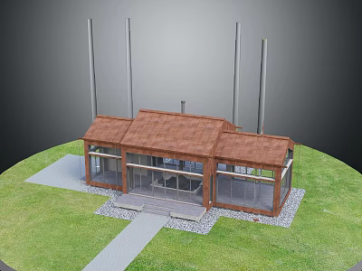 Small Brick Building With Brown Roof Tall Poles Large Windows And Green Grass Area 3d model