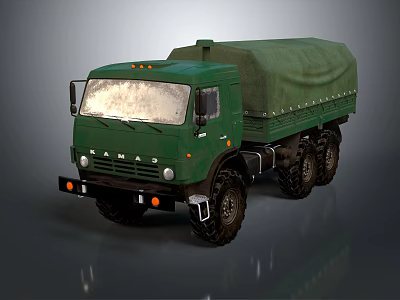 Green KAMAZ Truck With Canvas Covered Cargo Bed And Off Road Tires 3d model