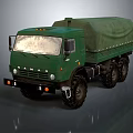 Green KAMAZ Truck With Canvas Covered Cargo Bed And Off Road Tires