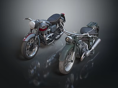 Two Vintage Motorcycles Featuring Classic Design Black Seats And Metallic Details 3d model