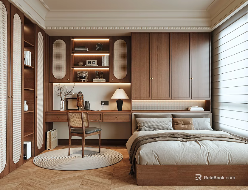 Tatami Bedroom Interior Design With Wooden Bed Desk Chair And Storage Cabinets 3d model 