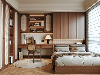 Tatami Bedroom Interior Design With Wooden Bed Desk Chair And Storage Cabinets 3d model