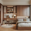 Tatami Bedroom Interior Design With Wooden Bed Desk Chair And Storage Cabinets