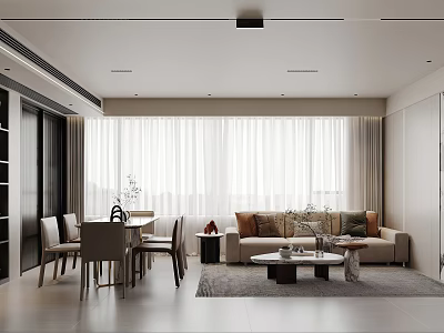 Modern Living Dining Room Interior Design With Beige Sofa Coffee Table Dining Table And Curtains 3d model