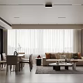 Modern Living Dining Room Interior Design With Beige Sofa Coffee Table Dining Table And Curtains