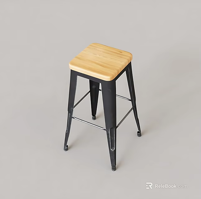 Modern Wooden Seat Stool With Black Metal Frame And Crossbar Design 3d model 