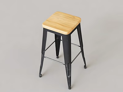Modern Wooden Seat Stool With Black Metal Frame And Crossbar Design 3d model