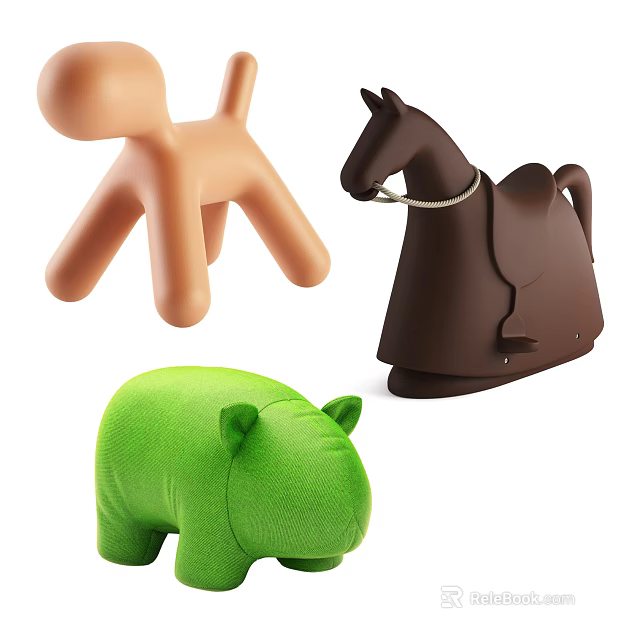 Soft Stuffed Animal Toys With Dog Horse Pig In Orange Brown Green 3d model 