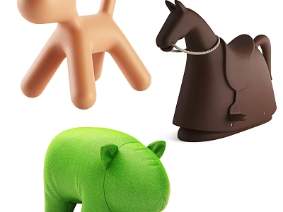 Soft Stuffed Animal Toys With Dog Horse Pig In Orange Brown Green 3d model