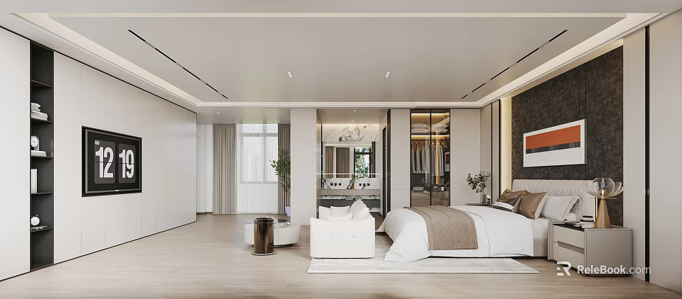 Modern Elegant Bedroom Interior Design With Soft Bedding And Large Window View 3d model