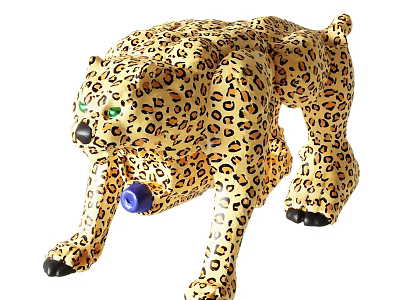Leopard Stuffed Doll With Yellow Black Spots Green Eyes And Blue Ball 3d model