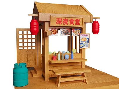 Traditional Late Night Canteen Wooden Hut With Red Lanterns Menu Boards Gas Cylinder And Bench 3d model