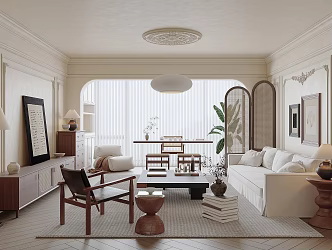 French Living Room Sofa Coffee Table Combination Leisure Chair Chandelier Hanging Picture Table Lamp 3d model