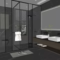 Modern Bathroom Interior Design With Black Marble Glass Shower Enclosure Double Sinks And Mirror