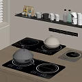 Modern Kitchen Setup With Induction Cooktops Cookware And Shelves Holding Mugs Spice Bottles