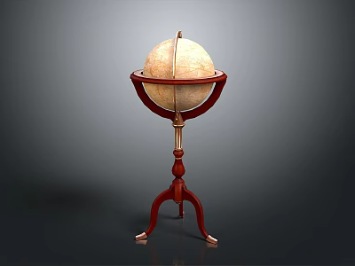 Vintage Globe With Red Tripod Stand And Brass Accents For Home Decor 3d model