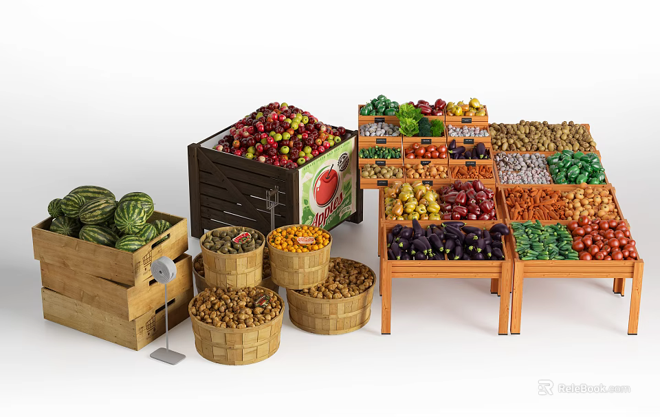 Fresh Assorted Vegetables Displayed in Wooden Crates and Stands at Market 3d model 
