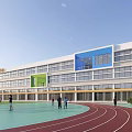 Modern School Building Exterior With Orange White Facade Track Playground and Students 3d model