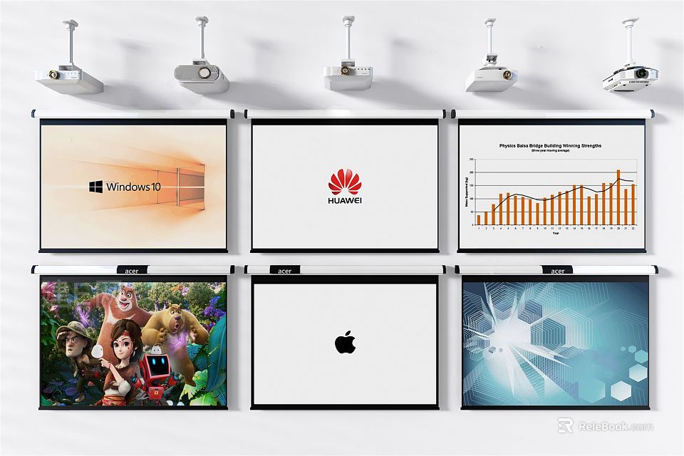 Multiple Projectors And Projection Screens Displaying Various Content Like Interfaces Logos Charts Animations 3d model 