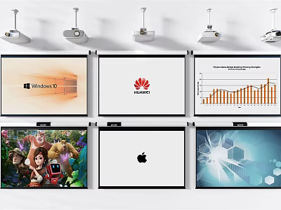 Multiple Projectors And Projection Screens Displaying Various Content Like Interfaces Logos Charts Animations 3d model
