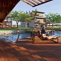 Wooden Guesthouse Building On Water With Deck Umbrella And Natural Green Surroundings