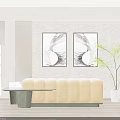 Modern Beige Striped Ottoman Bench With Small Table And Black White Decorative Paintings