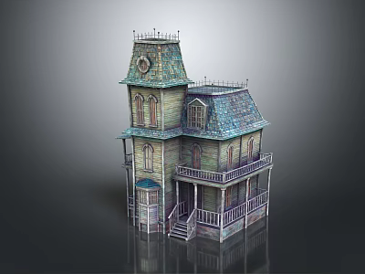 Cartoon Scene Depicting A Charming House With Green Roof Tower And Wooden Balcony 3d model