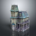 Cartoon Scene Depicting A Charming House With Green Roof Tower And Wooden Balcony