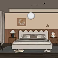 Warm Neutral Modern Bedroom Interior With Beige Upholstered Bed Round Pendant Light And Area Rug