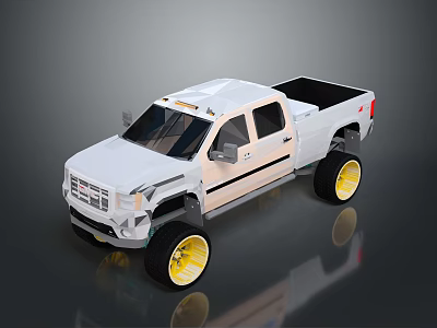White Large Pickup Truck with Double Cab and Yellow Wheels Design 3d model