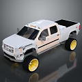 White Large Pickup Truck with Double Cab and Yellow Wheels Design