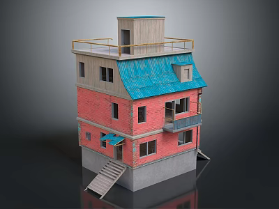 Red Brick Multi Story Building With Blue Roof Wooden Rooftop And Staircase 3d model