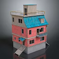 Red Brick Multi Story Building With Blue Roof Wooden Rooftop And Staircase