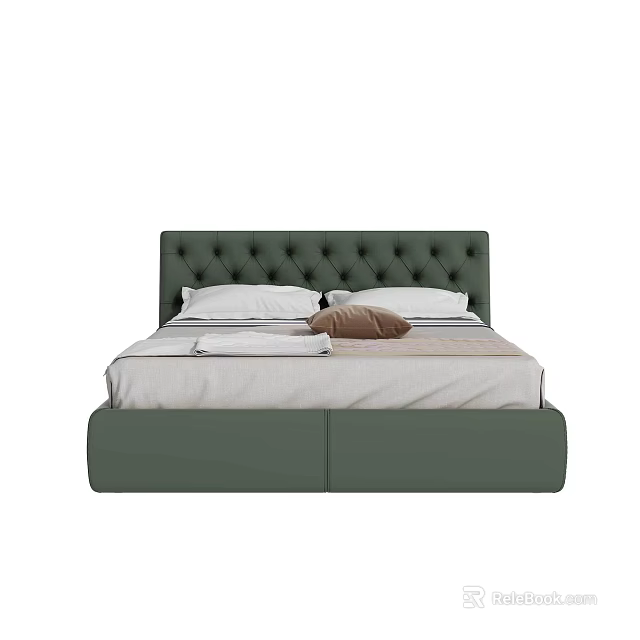 Green Upholstered Double Bed With Button Tufted Headboard And Soft Mattress Bedding 3d model