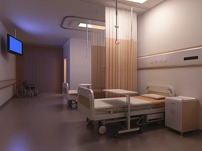 Hospital Outpatient Ward Interior With Medical Beds Bedside Cabinets TV And Wheelchair 3d model