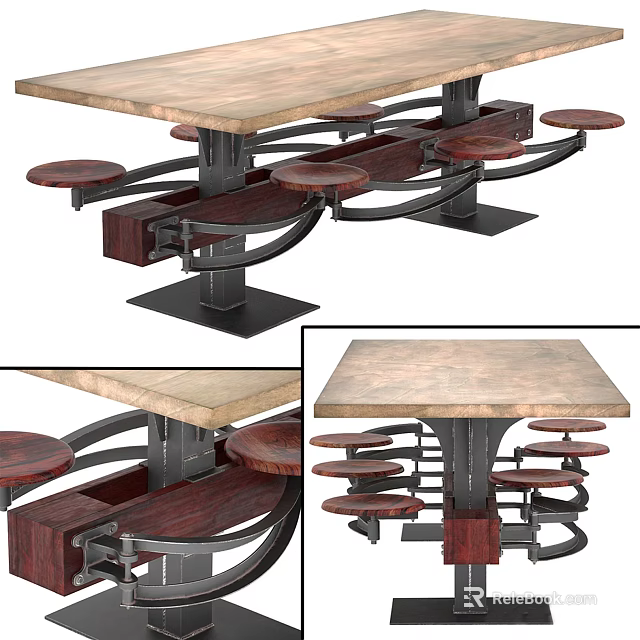 Rustic Wooden Dining Table With Metal Base And Attached Stools Design 3d model
