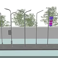 Multiple Outdoor Street Lights Featuring Trees Water Surface And Billboard In Public Area