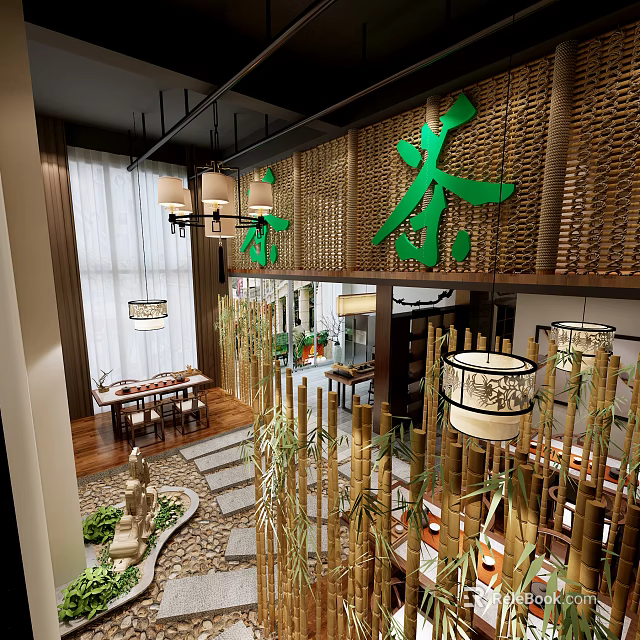 Traditional Teahouse Interior Design With Green Tea Character Bamboo Decor Hanging Lanterns And Wooden Wall 3d model 