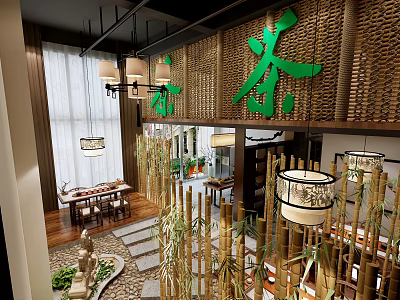 Traditional Teahouse Interior Design With Green Tea Character Bamboo Decor Hanging Lanterns And Wooden Wall 3d model