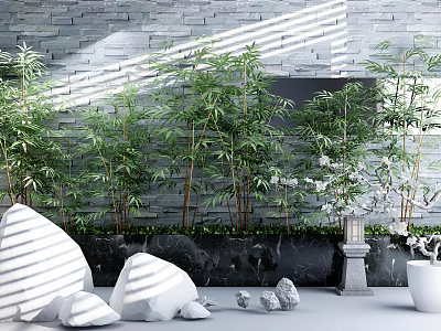 Tranquil Garden Ornament with Bamboo Plants Gray Stone Wall and White Striped Stones 3d model