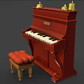 Red Wooden Upright Piano With Tufted Stool And Decorative Candles On Top