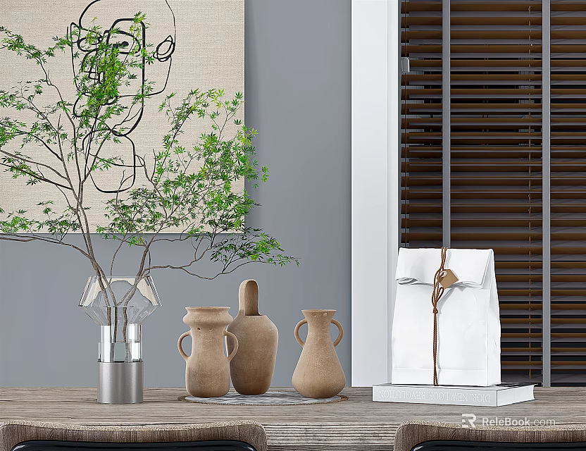 Modern Interior Tabletop With Transparent Glass Vase Green Branches Ceramic Vases And Wall Art 3d model 