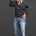 Men In Dark Sweater Blue Jeans Various Poses Checking Watch Looking At Phone Adjusting Hair