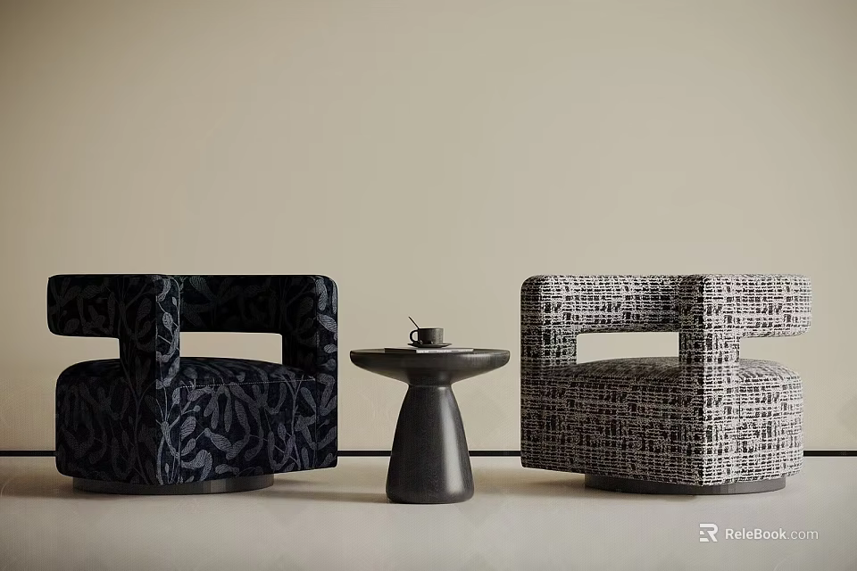 Casual Sofa Set With Two Patterned Armchairs And Small Coffee Table 3d model 