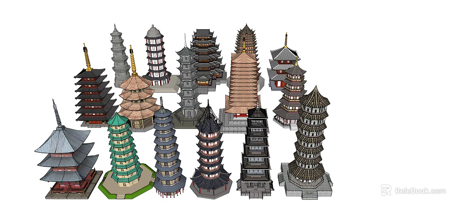 Chinese Traditional Towers with Various Styles and Multi Layered Architectural Models 3d model 