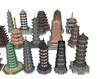 Chinese Traditional Towers with Various Styles and Multi Layered Architectural Models 3d model