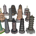 Chinese Traditional Towers with Various Styles and Multi Layered Architectural Models