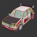 Modified White Rally Car Featuring Black Rear Spoiler Blue Front Section And Colorful Graphics